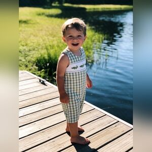 Lil' Cactus Light Green Alligator Smocked Overalls Sz 18-24M